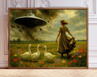 UFO Victorian Landscape Print: Funny Surreal Alien Art Poster
