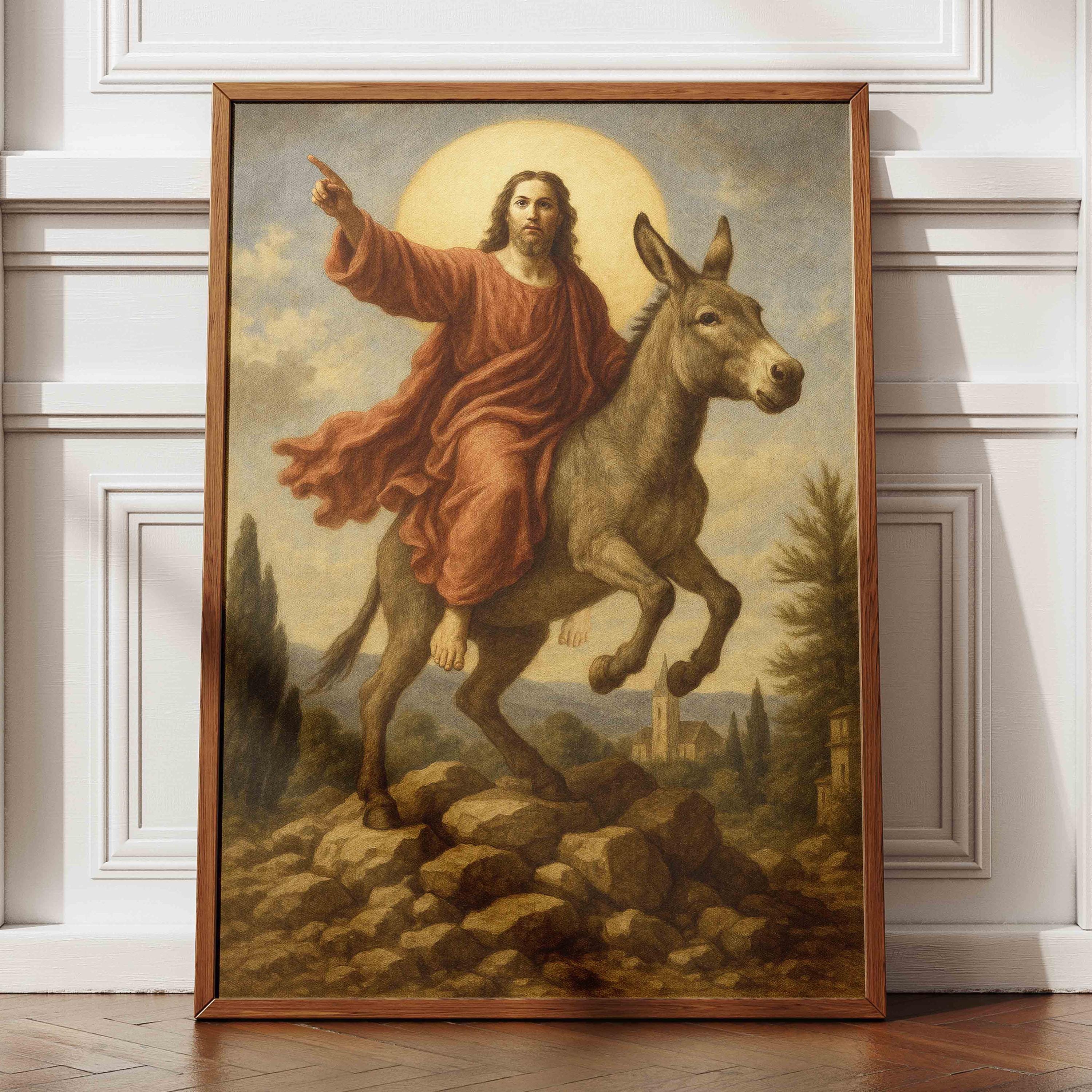 Stampa artistica di Gesù a cavallo di un asino, dipinto religioso surreale, divertente decorazione murale cristiana, immagine di Cristo, stampa artistica di Gesù