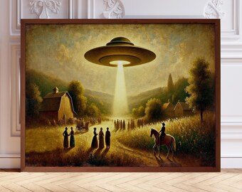 Impresión de pintura OVNI vintage: arte de ciencia ficción sobre abducción extraterrestre