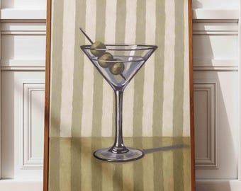 Impression de chariot de bar à martini : rayures pastel neutres, art du cocktail vintage