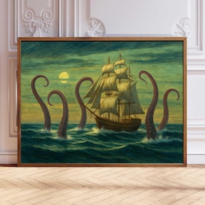 Attacco di una nave pirata con un polpo gigante, paesaggio oceanico con un kraken rosa su stampa artistica riciclata, poster decorativo da parete in stile pop art alterato