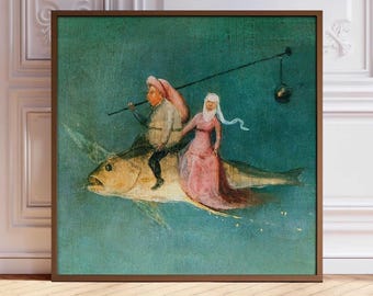 Bosch surrealistische kunstprint: stel rijdt op vis, middeleeuwse fantasie muurdecoratie