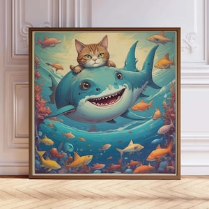 Stampa artistica con gatto che cavalca uno squalo: divertente decorazione murale in stile vintage