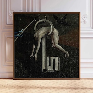 Può includere: Un dipinto surrealista che raffigura una figura nuda intrappolata in una grande chiave d'argento. La figura è sospesa a testa in giù, con la testa e le braccia che raggiungono il terreno. La chiave è posizionata su uno sfondo scuro, con un debole uccello blu nell'angolo in alto a sinistra.