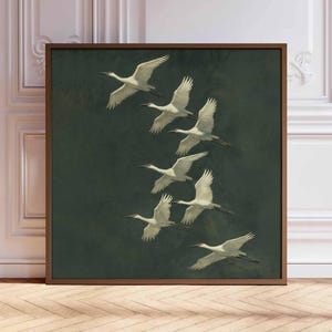 Decorazione murale Japandi Crane, poster quadrato di gru volante, stampa astratta asiatica di metà secolo, dipinto di uccello moderno vintage verde, arredamento elegante