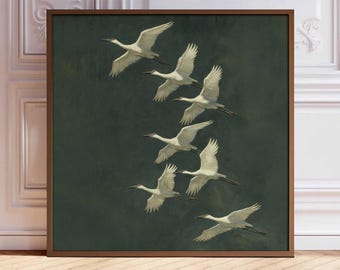 Japandi Crane Wall Art, Square Flying Crane Poster, Midcentury Asian Abstract Print, Green Vintage Modern Bird Painting, Elegant Decor