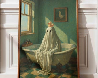 Victoriaanse spookbadkamerkunstprint: Dark Academia Halloween-decor