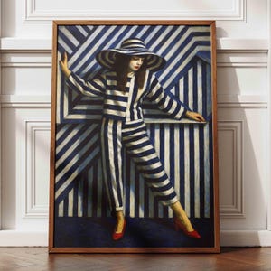 Abstract Woman in Stripes Art Print: Navy Blue Minimalist Wall Decor