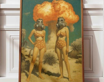 Retro Bikini Girls Gas Mask Art Print | Surreal Apocalypse Decor