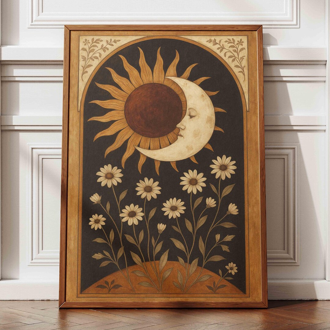 Boho Sunflower Moon Print: Earthy Celestial Wall Art - Etsy