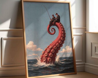 Surrealistische inktvistentakelkunstprint: grillig nautisch decor