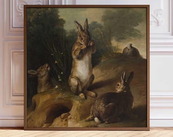 Vintage Rabbit Painting: Square Rustic Bunnies Print, Farmhouse Nursery Art