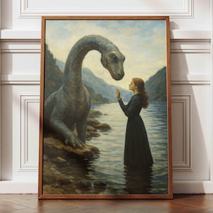 Incantevole mostro del lago e ragazza sulla riva, sereno scenario naturale con montagne nebbiose e fogliame, stampa artistica di un paesaggio sereno