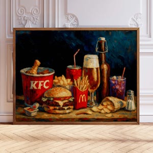 Fast Food Still Life Art Print | Vintage Style Junk Food Painting | Bold Retro Kitchen Decor | Cheeseburger Fries Beer Wall Art
