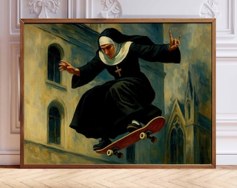 Skateboarding Nun Art Print: Edgy Pop Art, Urban Wall Decor