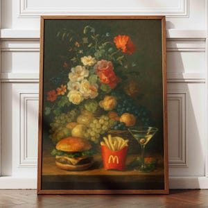 Funny Baroque Still Life Poster: Martini, Flowers, Eclectic Kitchen Art
