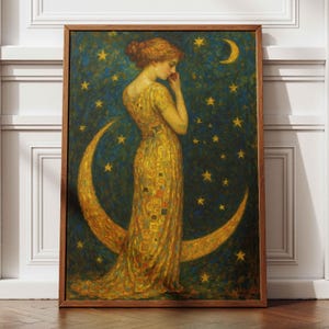 Moon Lady Art Print: Vintage Klimt-Inspired Celestial Decor