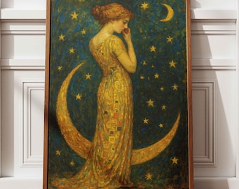 Moon Lady Art Print: Vintage Klimt-Inspired Celestial Decor