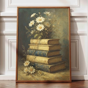Vintage Book Stack with Daisies Wall Art – Rustic Floral Painting Print, Cozy Library Decor, Cottagecore Aesthetic, Book Lover Gift