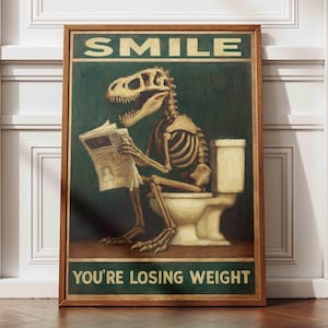 Divertente stampa murale con dinosauri per il bagno, stampa con scheletro di T-Rex per il water, poster umoristico retrò, gag art in stile vintage, decorazioni per il bagno originali.
