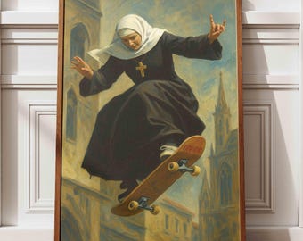 Skateboarding Nun Print: Edgy Urban Pop Art Graffiti Poster