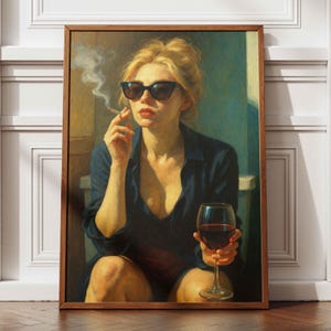 Arte divertente per il bagno, arte murale vintage per il bagno, donna sul water che fuma e beve, stampa a olio, decorazione murale retrò, arredamento per il bagno