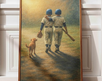 Sztuka baseballowa w stylu vintage: chłopcy i pies, dekoracja pokoju dziecięcego