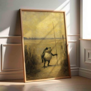 Whimsical Frog Traveler Art Print, Funny Cottagecore Animal Decor, Vintage Surreal Frog Wall Art, Moody Nature Inspired Artwork