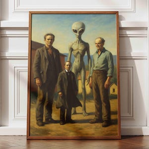 Alien Encounter Vintage Art Painting, Unique Sci-Fi Wall Decor, Retro Futuristic Artwork for Home, Poster with Mysterious Creature Art Print