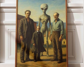 Stampa artistica vintage con incontro alieno: decorazione murale fantascientifica retrò