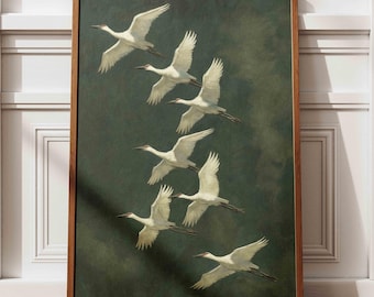 Japandi Flying Cranes Print: Vintage Japanese Bird Art
