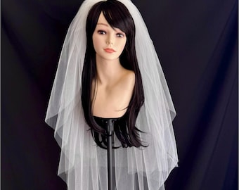 Short Tulle Two Tier Fingertip Wedding Veil: Bridal Veil With Blusher, Light Ivory, Wedding Veil With Volume