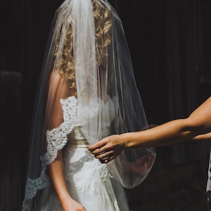 Two-Tier Alencon Lace Wedding Veil: Eyelash Scallop Edge, Blusher Included