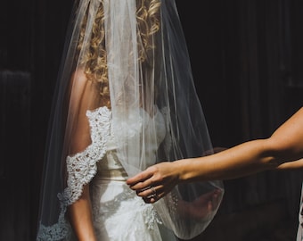 2 tier fingertip/waist length with 4 inch Alencon lace wedding veil, bridal veil-  in white, light ivory, and ivory