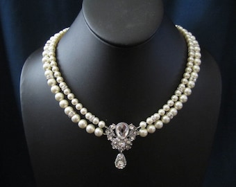 ROSE double strand wedding, bridal jewelry, wedding necklace, bridal necklace, swarovski pearls rhinestones brooch