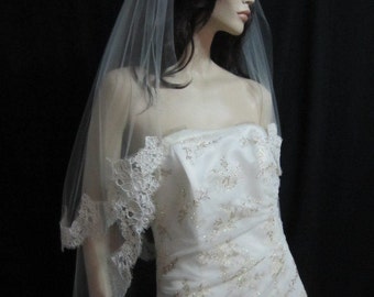 2 tier 40 inchx30 inch (blusher) finger tip/waist length, 4 inch French Alencon lace wedding veil bridal veil-  in white light ivoryIivory