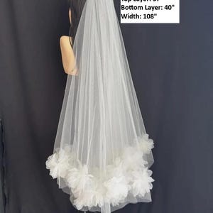 3D Floral Wedding Veil: Two-Tier Fingertip Bridal Veil with Blusher