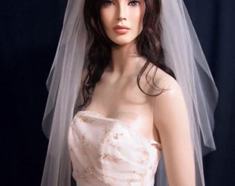 Classic two tier wedding veil with blusher: long bridal veil with volume, soft sheer veil, simple ivory wedding veil, white bridal veil