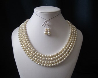 4 strand bridal necklace and earring set with swarovski pearls, and roundelle