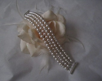 4 strand wedding bracelet, bridal bracelet, peark braceket with swarovski pearls and rhinestones, wedding jewelry, bridal jewelry