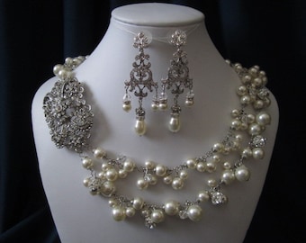 The Kate Collection wedding jewelry, bridal jewelry, pearl necklace and earrings with warovski pearls, crystals, rhinestone, brooch