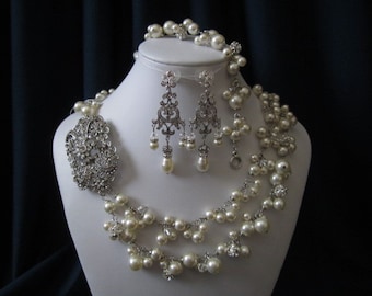 Kate Collection wedding wedding, bridal jewelry set, pearl necklace, bracelet, and earrings, swarovski pearls, crystals, rhinestone brooch