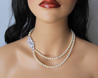 Wedding jewelry, bridal jewelry, pearl necklace with swarovski pearls, crystals, and rhinestones brooch