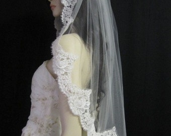 50 inches  wedding veil, bridal veil, french lace veil, with 4 inch Alencon lace  -  in white, light ivory, and ivory