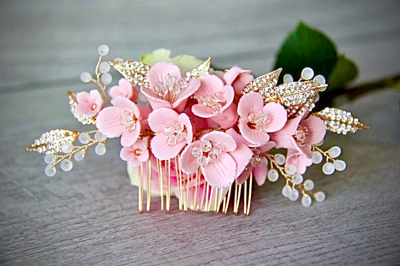 Pink Flower Bridal Hairpiece Bridal Hair Comb Flower Hair Comb Etsy