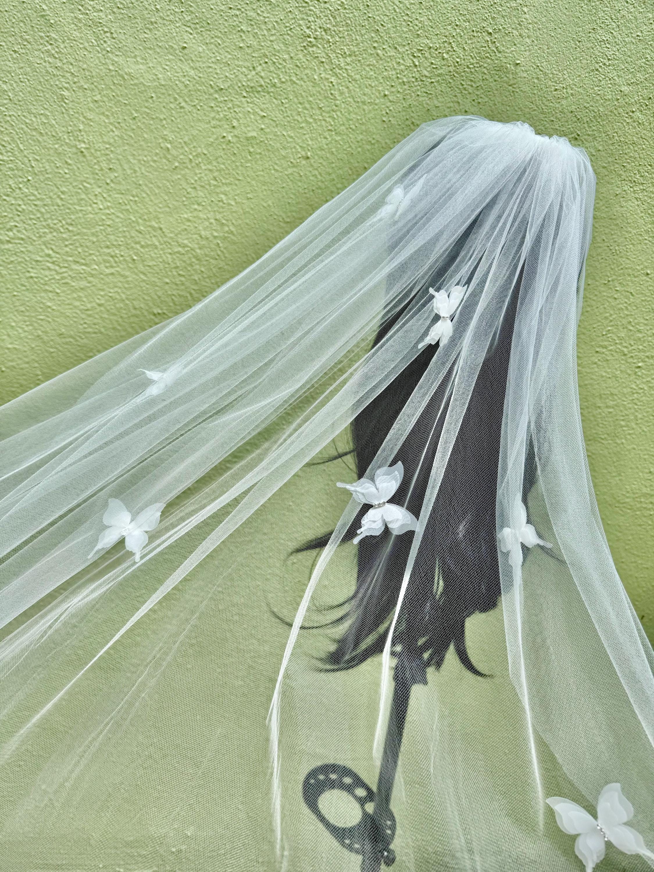 3D Butterfly Wedding Veil: Bridal Illusion Tulle, Rhinestone Detail