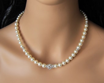 Wedding jewelry, bridal jewelry, pearl necklace with swarovski pearls, crystals, and rhinestones brooch
