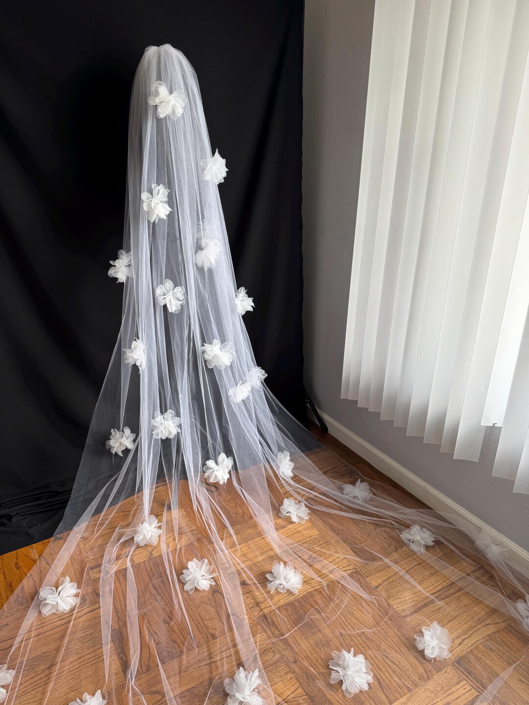 Elegant Sheer White Floral Veil Pink White Flower Wedding Veil, Floral Lace Bridal Veil, 3D  main image 4