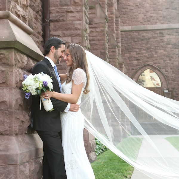 Full width, elegant, soft, sheer, single tier, classic, sheer simple, elegant plain cathedral veil, bridal veil, wedding veil, chapel veil