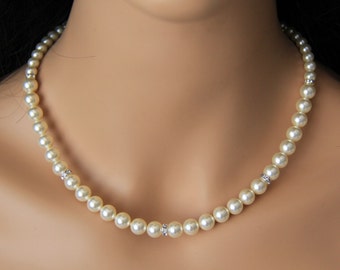 Wedding jewelry, bridal jewelry, pearl necklace with swarovski pearls, crystals, and rhinestones brooch